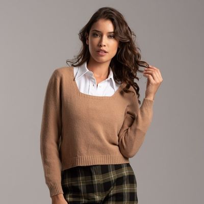 Maglia donna corta scollo squadrato in filato di viscosa